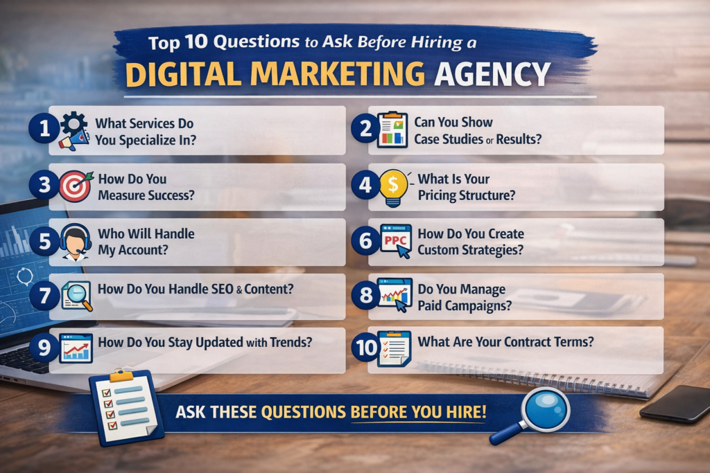top 10 questions to ask before hiring a digital marketing agency